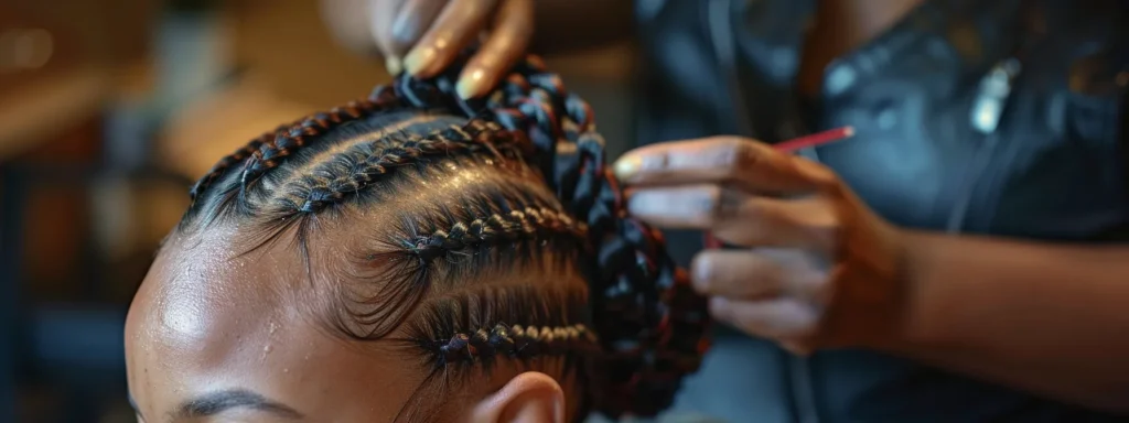 a stylist creates intricate braids on a woman's head in a salon in silver spring, md.